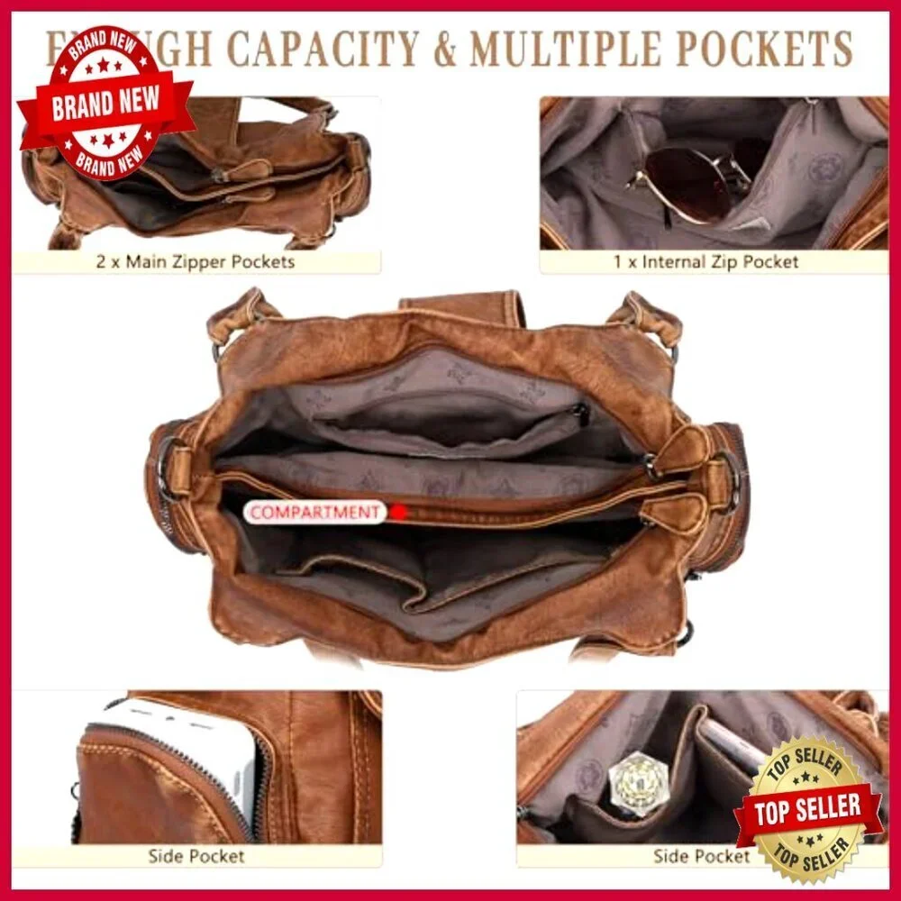 Vegan Leather Hobo Tote with Crossbody Strap, Roomy Multi-Pocket Design